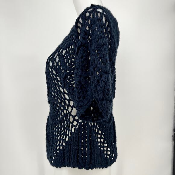 Sheson Crochet Sweater Small Open Knit Navy Blue Short Puff Sleeve Pullover Top - Picture 4 of 10